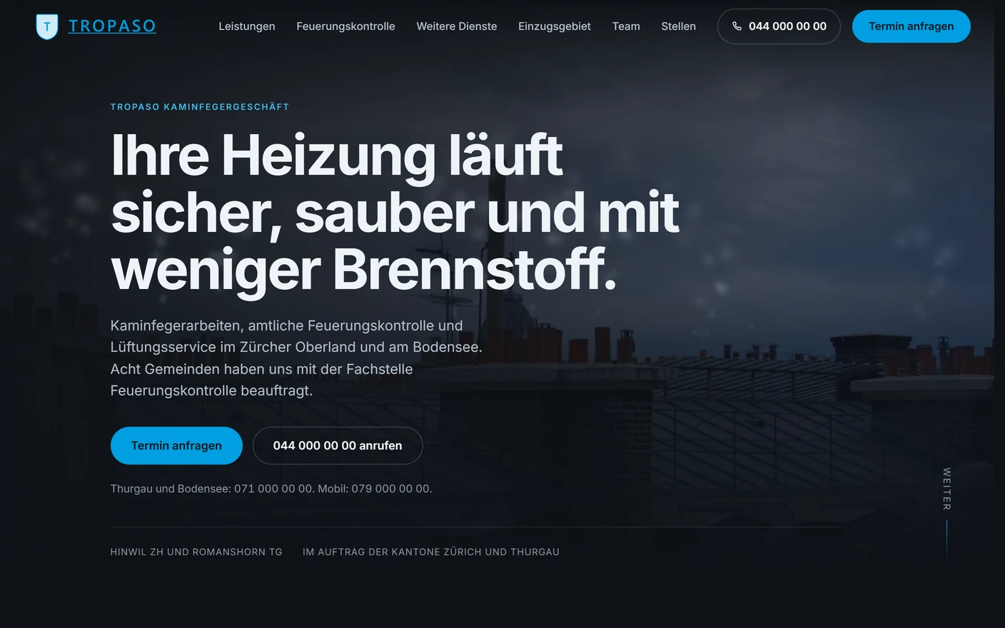 Demo-Website für Kaminfeger Tropaso, umgesetzt von Sytora